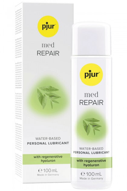 White plastic bottle of pjur med repair 100ml water-based personal lubricant with green leaf design and hyaluron label