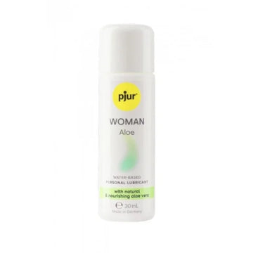 A sleek white bottle of pjur woman aloe water based lubricant with green accents for lady jane adult shop uses