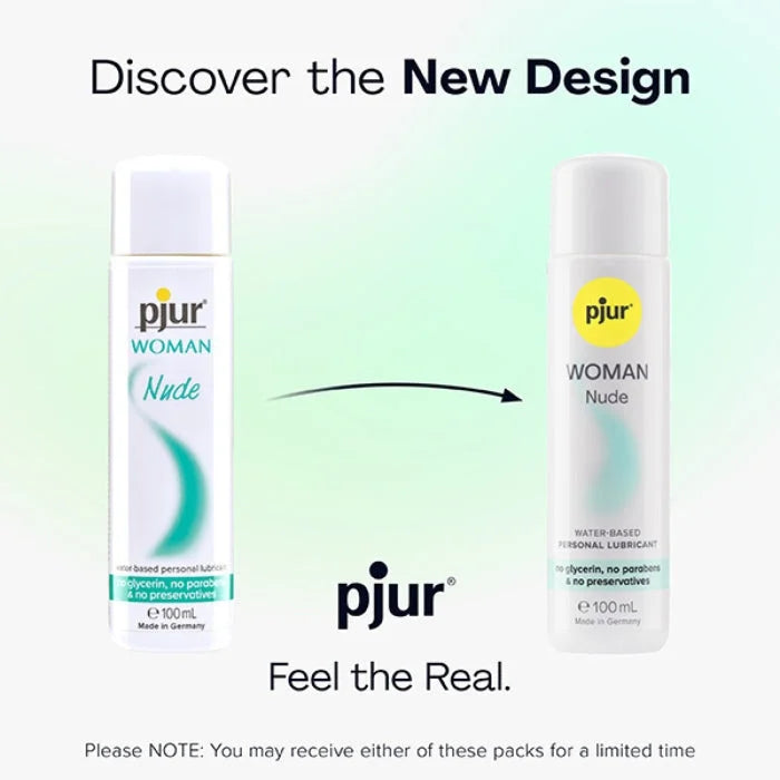Pjur Woman Nude water-based lube bottle, 30ml, white with teal accents