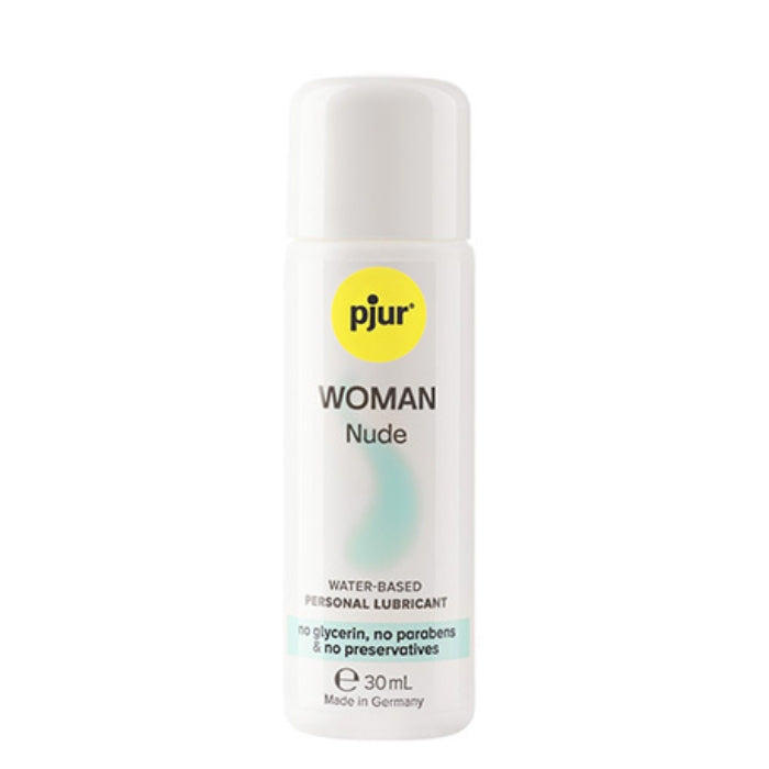 Sleek white bottle of pjur Woman Nude water-based lube, 30ml