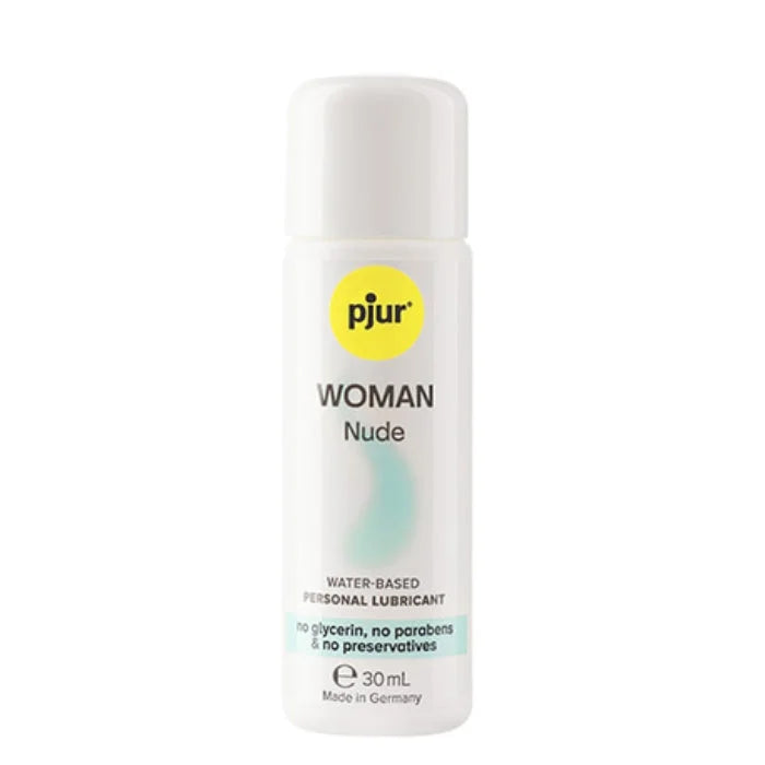 Sleek white bottle of pjur Woman Nude water-based lube, 30ml