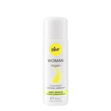 A sleek white bottle of pjur woman vegan water based personal lubricant with minimalist design and bold yellow accents
