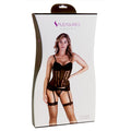 Pleasures 3 piece bustier set black featuring delicate floral lace lingerie set with garter belt and fishnet stockings