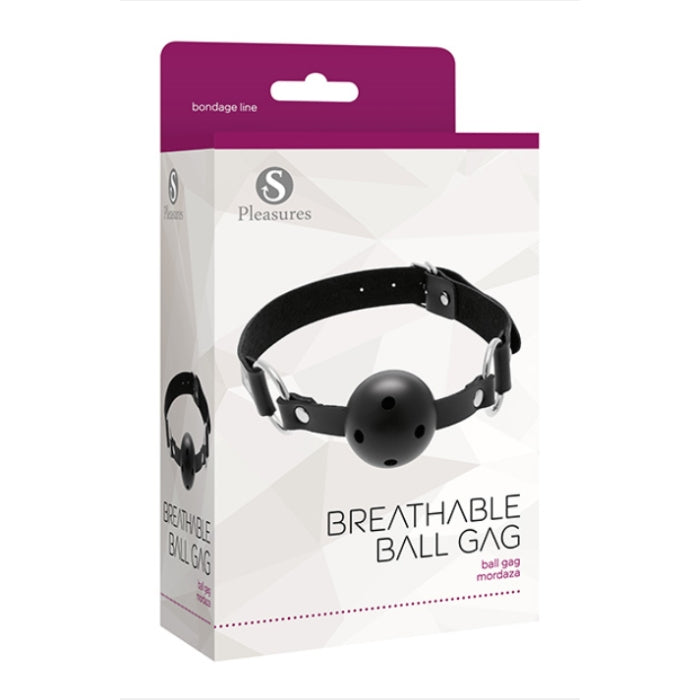Black leather Pleasures breathable bondage gag ball with perforated ball mouthpiece and comfortable airflow adjustable strap