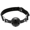 Black leather Pleasures breathable bondage gag ball with perforated ball, comfortable airflow, and adjustable strap