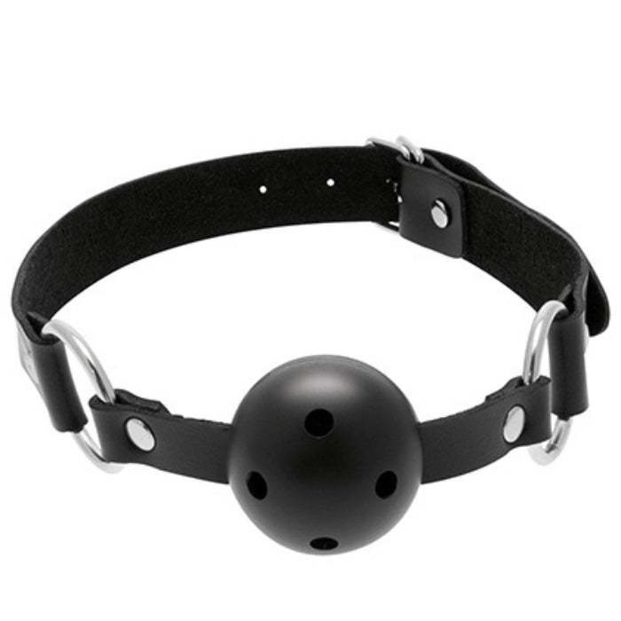 Black leather Pleasures breathable bondage gag ball with perforated ball, comfortable airflow, and adjustable strap