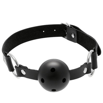 Black leather Pleasures breathable bondage gag ball with perforated ball, comfortable airflow, and adjustable strap