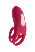 Fuchsia pleasures cock ring snugler remote made of body safe silicone with white oval button for targeted vibrations