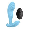 Light blue silicone remote-controlled vibrating prostate massager with black control pad from lady jane adult shop