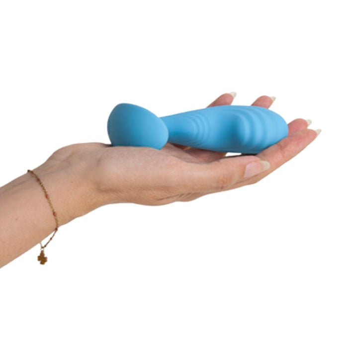 Blue silicone vibrating prostate massager with textured ridges and rounded ends from lady jane adult shop