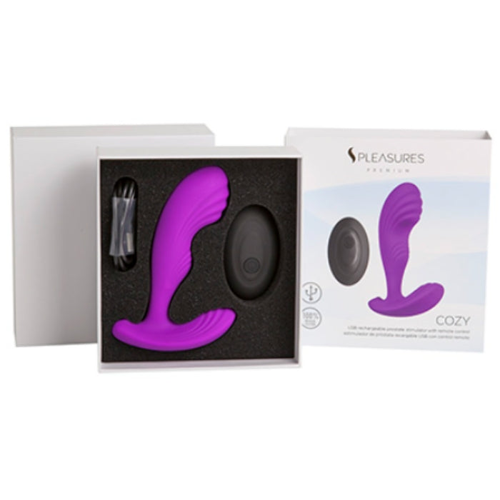 Purple silicone vibrating prostate massager small in white spleasures premium cozy box from lady jane adult shop