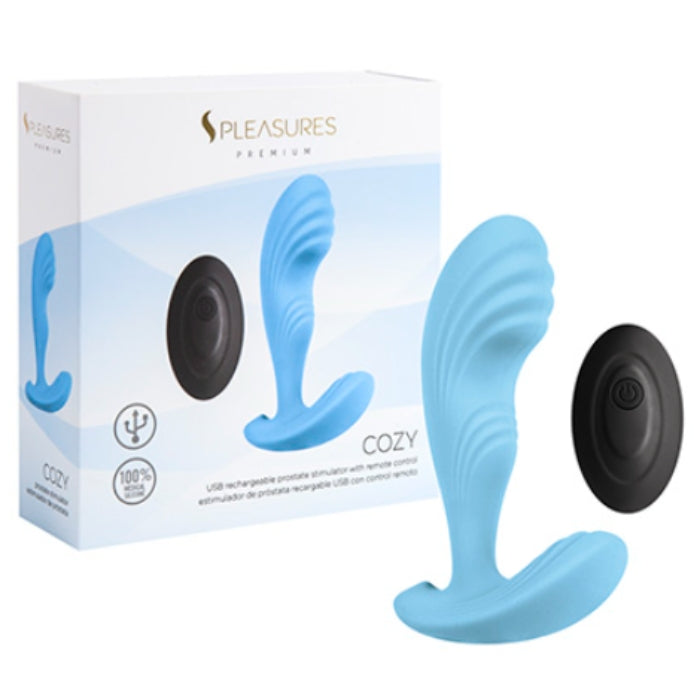 Light blue silicone cozy usb rechargeable vibrating prostate massager with black remote control from lady jane adult shop