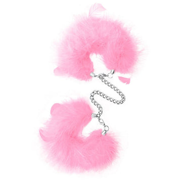 Pink feathered Pleasures handcuffs with silver chain from Lady Jane adult shop