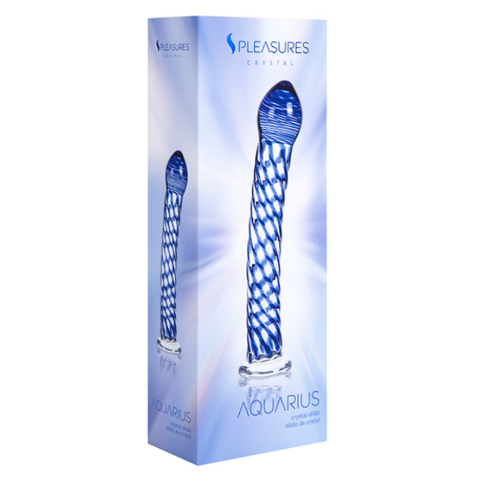 Pleasures glass crystal dildo blue made of body safe borosilicate glass with twisted pattern crystal aquarius design