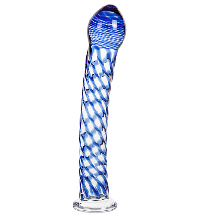 Pleasures glass crystal dildo blue in twisted checkered pattern made of body safe borosilicate glass crystal aquarius