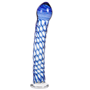 Pleasures glass crystal dildo blue in twisted checkered pattern made of body safe borosilicate glass crystal aquarius