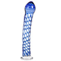Pleasures glass crystal dildo blue in twisted checkered pattern made of body safe borosilicate glass crystal aquarius