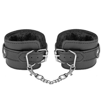 Pleasures hand cuffs black with sleek black leather, plush lining, adjustable straps, and silver-tone chain from lady jane adult shop
