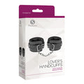 Pleasures hand cuffs black sleek black plush leather with adjustable straps silver chains in white box from lady jane adult shop