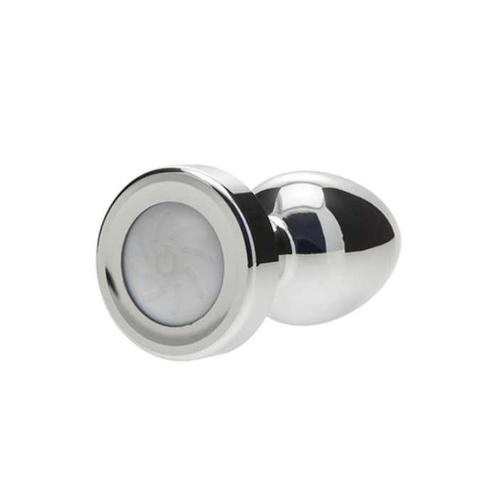 Shiny silver-colored metal LED anal plug with pearl insert and LED light base