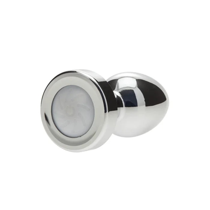 Shiny silver-colored metal LED anal plug with pearl insert and LED light base
