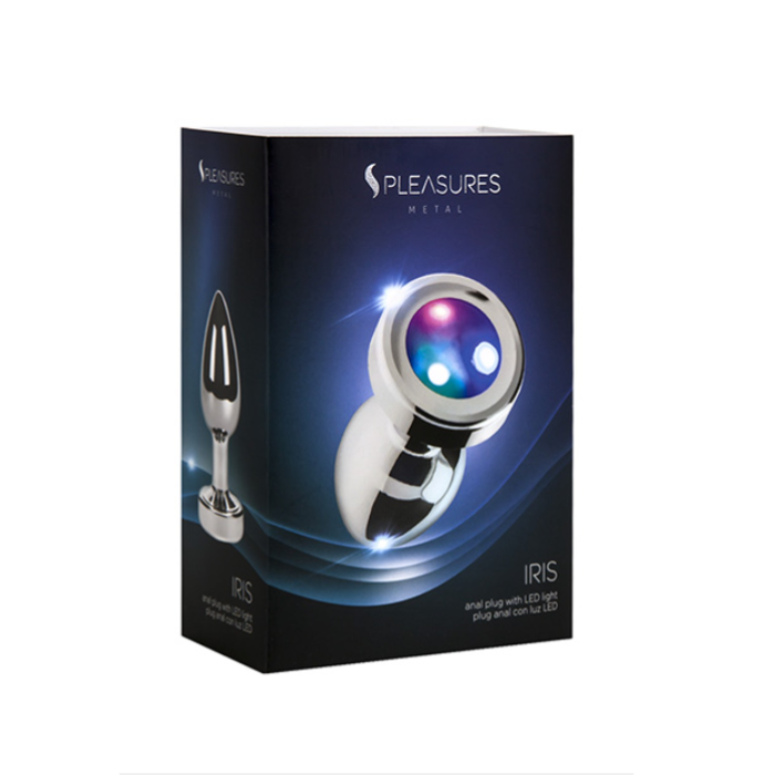 Pleasures Iris small metal anal plug with silver-colored metal body and LED light base