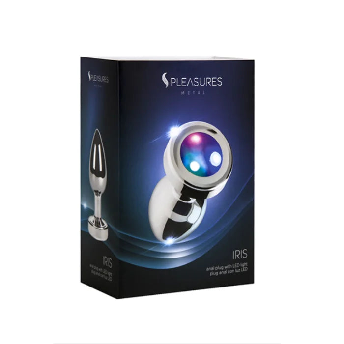 Pleasures Iris small metal anal plug with silver-colored metal body and LED light base