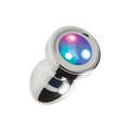 Shiny silver-colored metal LED light base anal plug with glowing colors