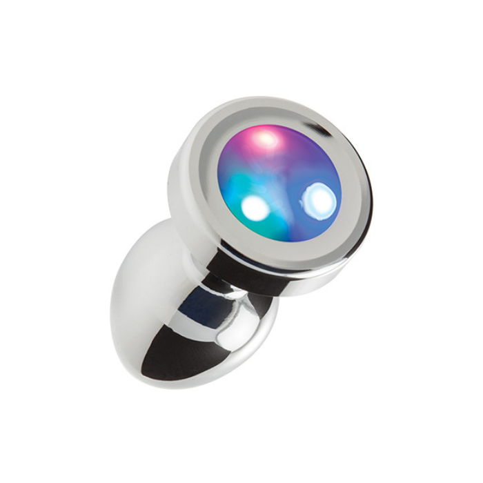 Shiny silver-colored metal LED light base anal plug with glowing colors