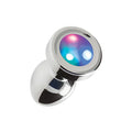 Shiny silver-colored metal LED light base anal plug with glowing colors