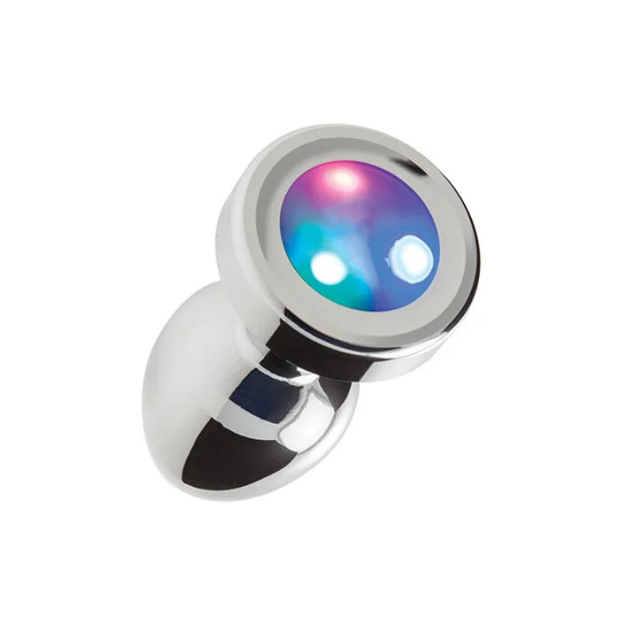 Shiny silver-colored metal LED light base anal plug with glowing colors