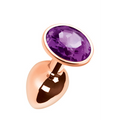 Small Pleasures Metal Mei anal plug with rose gold bronze finish, smooth surface, tapered tip, and purple amethyst gem