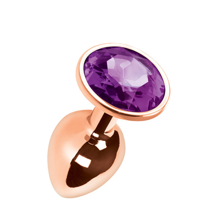 Small Pleasures Metal Mei anal plug with rose gold bronze finish, smooth surface, tapered tip, and purple amethyst gem