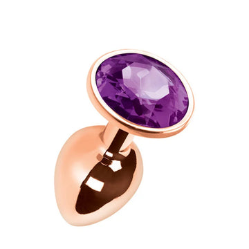 Small Pleasures Metal Mei anal plug with rose gold bronze finish, smooth surface, tapered tip, and purple amethyst gem
