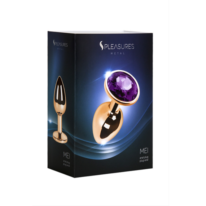 Small Pleasures Metal Mei anal plug with bronze finish, purple gem, tapered tip