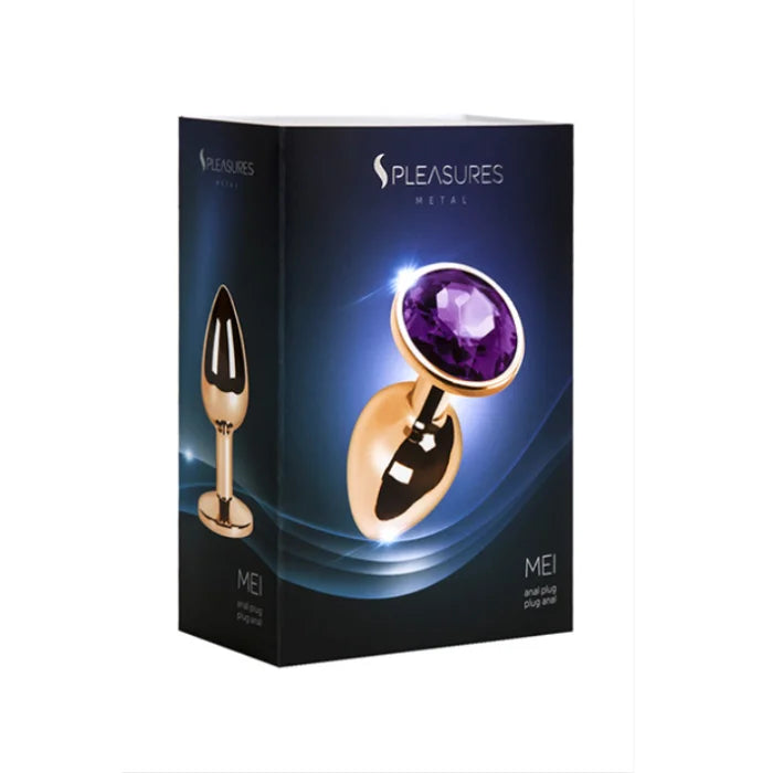 Small Pleasures Metal Mei anal plug with bronze finish, purple gem, tapered tip