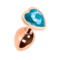 Pleasures Mia small rose gold heart anal plug with blue gem, tapered tip