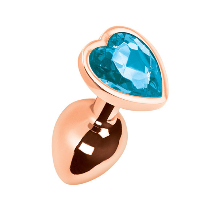 Pleasures Mia small rose gold heart anal plug with blue gem, tapered tip