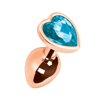 Pleasures Mia small rose gold heart anal plug with blue gem, tapered tip