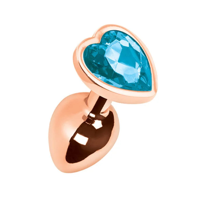 Pleasures Mia small rose gold heart anal plug with blue gem, tapered tip