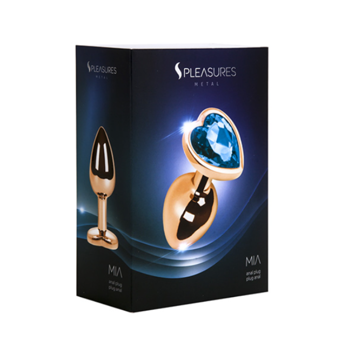Small Pleasures Mia Blue Heart Anal Plug with bronze finish, smooth surface, tapered tip