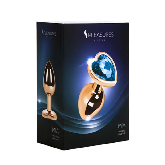Small Pleasures Mia Blue Heart Anal Plug with bronze finish, smooth surface, tapered tip