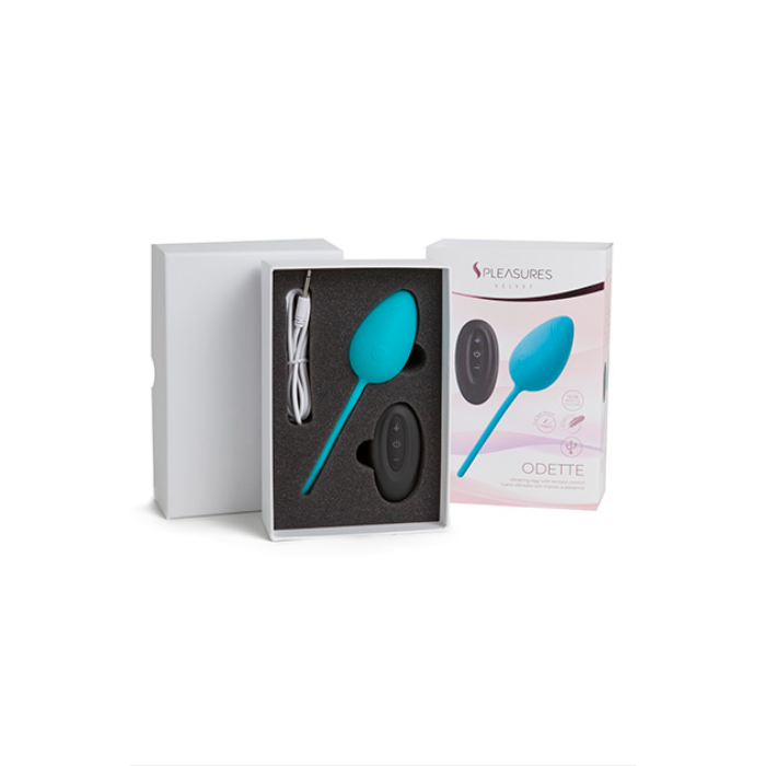 Odetta Remote Controlled Egg vibrator in turquoise with remote and cable