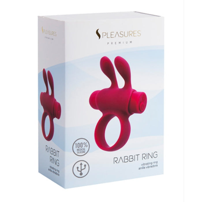 Vibrant pink Pleasures Rabbit cock ring with flexible silicone ring and removable bullet vibrator