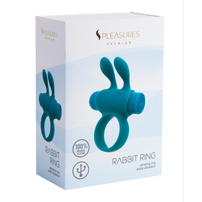 Teal Pleasures Rabbit vibrating penis ring with flexible silicone and removable bullet