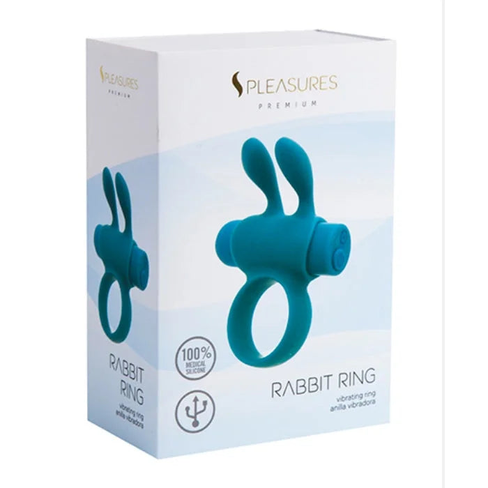 Teal Pleasures Rabbit vibrating penis ring with flexible silicone and removable bullet