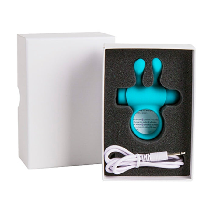 Teal Pleasures Rabbit vibrating penis ring with flexible silicone ring and removable bullet vibrator