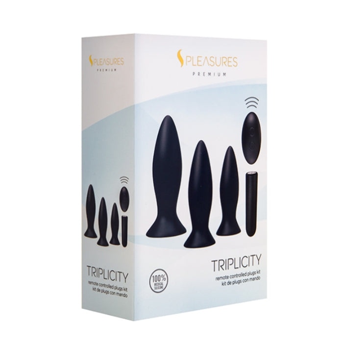 Black silicone vibrating anal plug set with remote in white and light blue box from lady jane adult shop