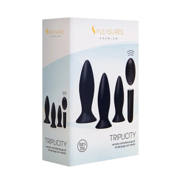 Black silicone vibrating anal plug set with remote in white and light blue box from lady jane adult shop