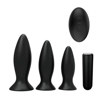 Set of three black silicone vibrating anal plugs with remote control from pleasures triplicity kit at lady jane shop